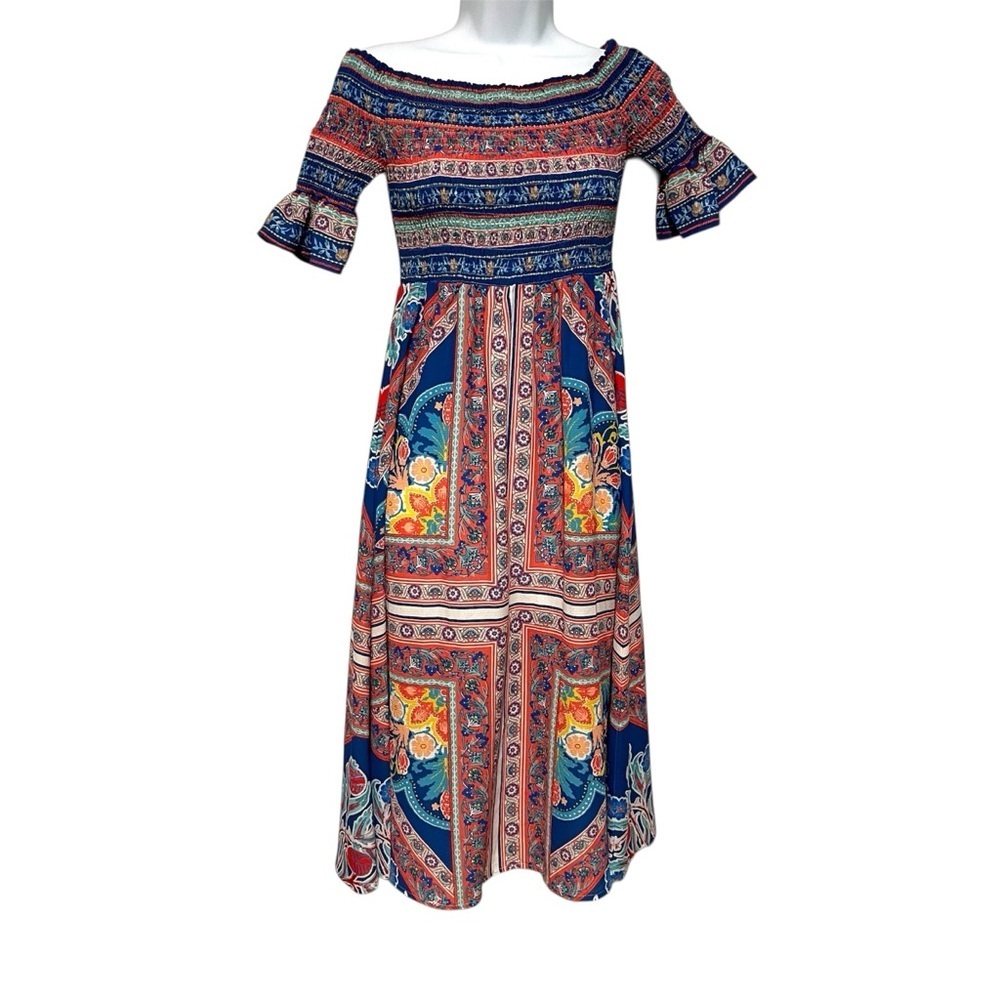 Boho Off-Shoulder Floral Maxi Sun Dress Size Small Euro Vacation Vibrant Beach